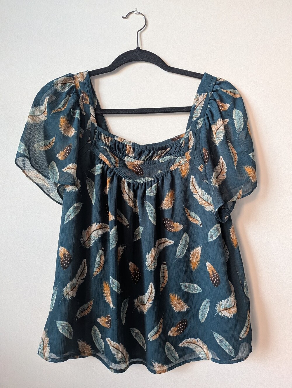 Loft Boho Feather Print Puff Sleeve Top - Teal